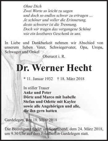 Traueranzeige von Dr. Werner Hecht  von Magdeburger Volksstimme
