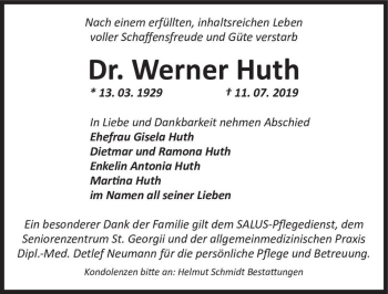 Traueranzeige von Dr. Werner Huth  von Magdeburger Volksstimme