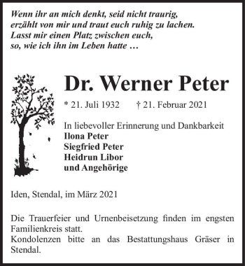 Traueranzeige von Dr. Werner Peter  von Magdeburger Volksstimme