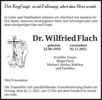 Traueranzeige von Dr. Wilfried Flach  von Magdeburger Volksstimme