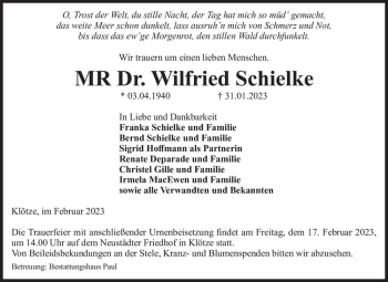 Traueranzeige von Dr. Wilfried Schielke  von Magdeburger Volksstimme