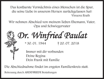 Traueranzeige von Dr. Winfried Paulat  von Magdeburger Volksstimme