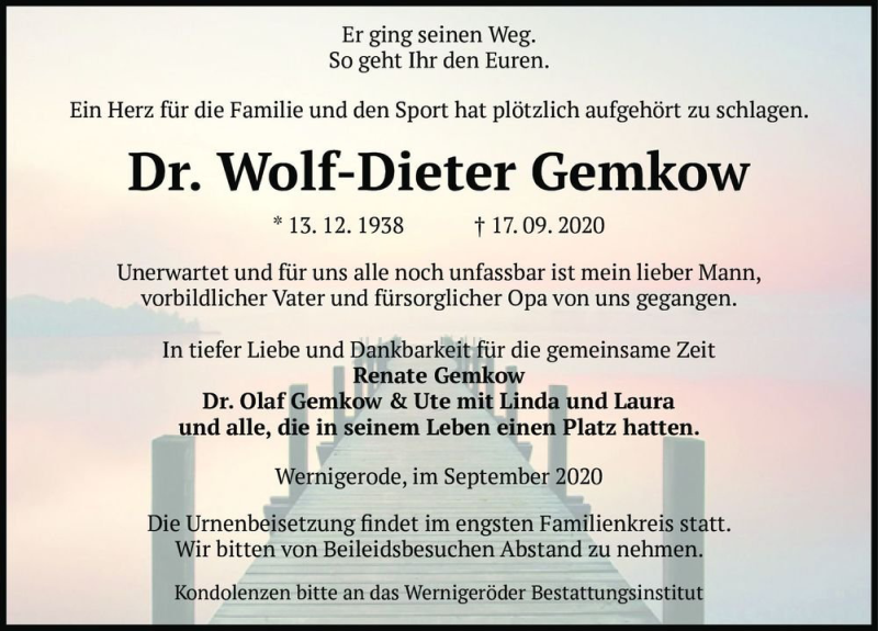  Traueranzeige für Dr. Wolf-Dieter Gemkow  vom 24.09.2020 aus Magdeburger Volksstimme
