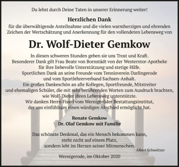 Traueranzeige von Dr. Wolf-Dieter Gemkow  von Magdeburger Volksstimme