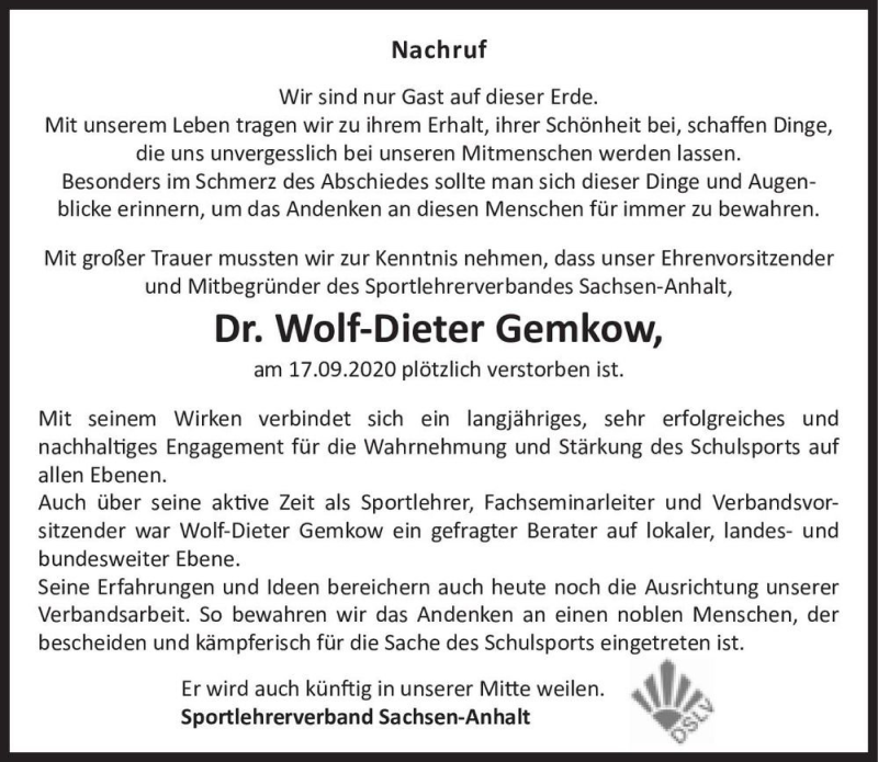  Traueranzeige für Dr. Wolf-Dieter Gemkow  vom 10.10.2020 aus Magdeburger Volksstimme