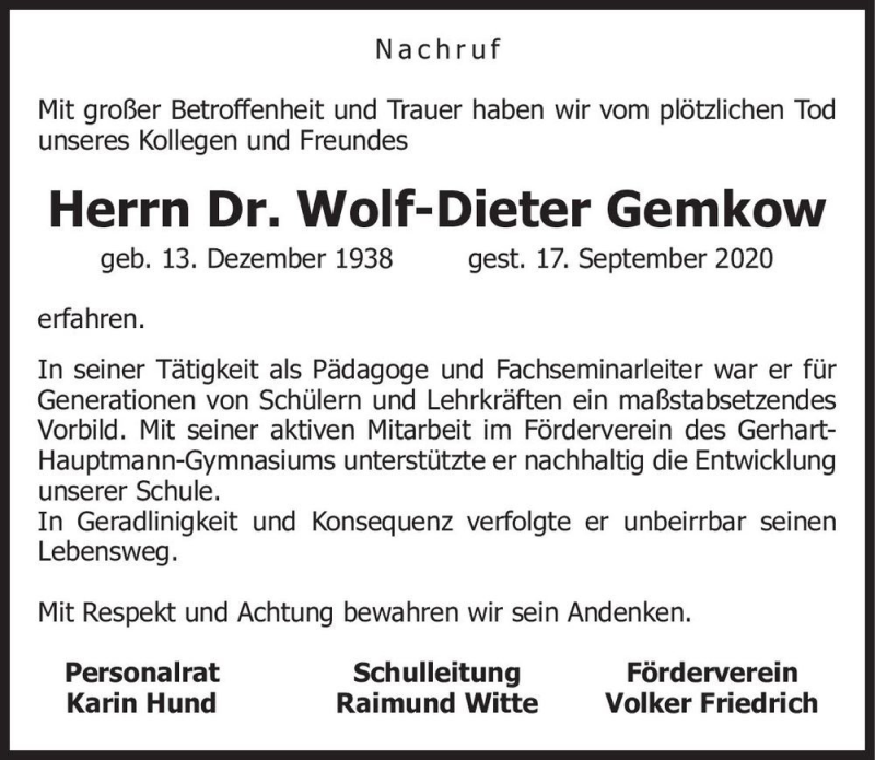  Traueranzeige für Dr. Wolf-Dieter Gemkow  vom 24.09.2020 aus Magdeburger Volksstimme