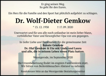 Traueranzeige von Dr. Wolf-Dieter Gemkow  von Magdeburger Volksstimme