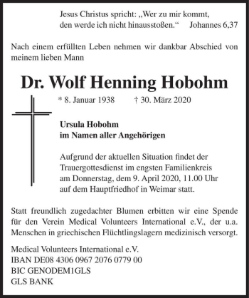 Traueranzeige von Dr. Wolf Henning Hobohm  von Magdeburger Volksstimme