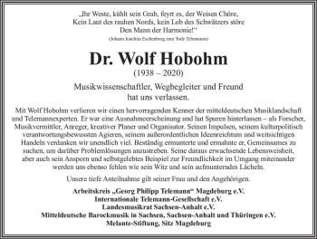 Traueranzeige von Dr. Wolf Hobohm  von Magdeburger Volksstimme