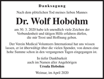 Traueranzeige von Dr. Wolf Hobohm  von Magdeburger Volksstimme
