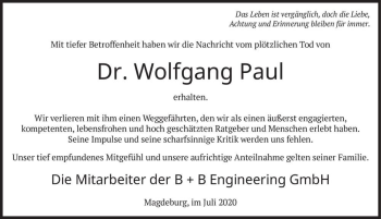 Traueranzeige von Dr. Wolfgang Paul  von Magdeburger Volksstimme