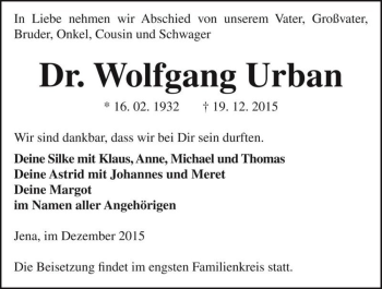 Traueranzeige von Dr. Wolfgang Urban  von Magdeburger Volksstimme