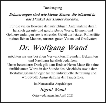 Traueranzeige von Dr. Wolfgang Wand  von Magdeburger Volksstimme