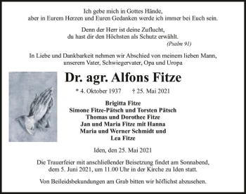 Traueranzeige von Dr. agr. Alfons Fitze  von Magdeburger Volksstimme