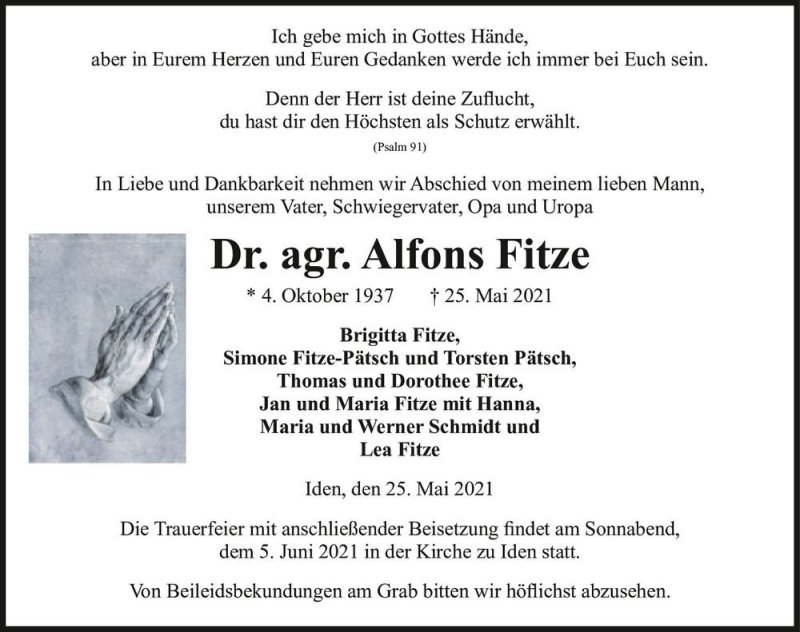  Traueranzeige für Dr. agr. Alfons Fitze  vom 28.05.2021 aus Magdeburger Volksstimme