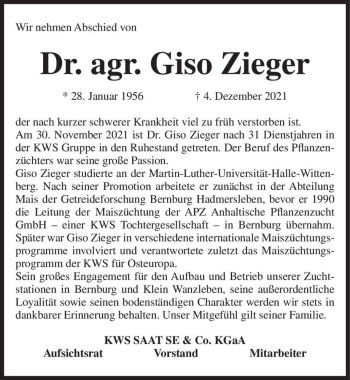 Traueranzeige von Dr. agr. Giso Zieger  von Magdeburger Volksstimme