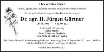 Traueranzeige von Dr. agr. H. Jürgen Gärtner  von Magdeburger Volksstimme