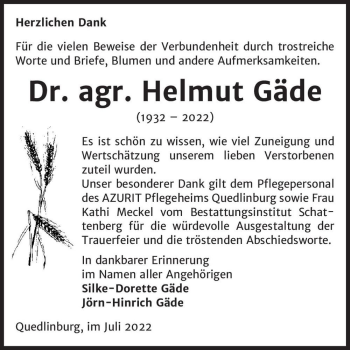 Traueranzeige von Dr. agr. Helmut Gäde  von Magdeburger Volksstimme