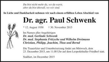 Traueranzeige von Dr. agr. Paul Schwenk  von Magdeburger Volksstimme