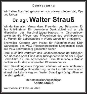 Traueranzeige von Dr. agr. Walter Strauß  von Magdeburger Volksstimme