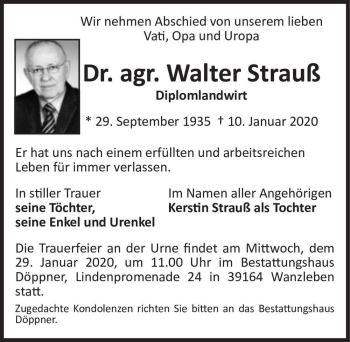 Traueranzeige von Dr. agr. Walter Strauß  von Magdeburger Volksstimme