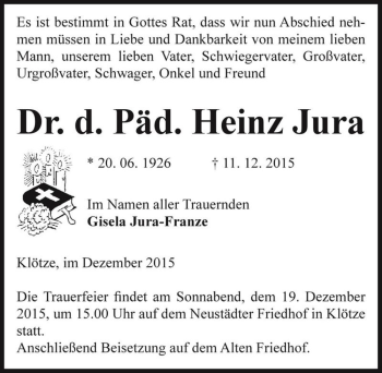 Traueranzeige von Dr. d. Päd. Heinz Jura  von Magdeburger Volksstimme