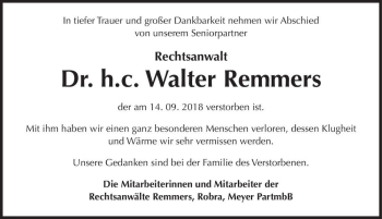 Traueranzeige von Dr. h.c. Walter Remmers  von Magdeburger Volksstimme