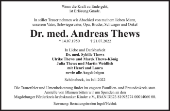 Traueranzeige von Dr. med. Andreas Thews  von Magdeburger Volksstimme