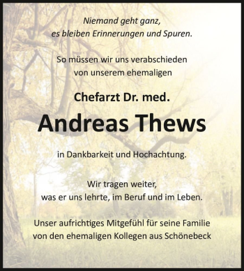 Traueranzeige von Dr. med. Andreas Thews  von Magdeburger Volksstimme
