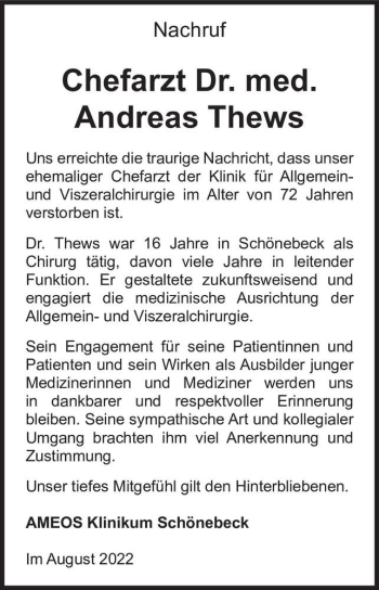 Traueranzeige von Dr. med. Andreas Thews  von Magdeburger Volksstimme