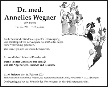 Traueranzeige von Dr. med. Annelies Wegner (geb. Ducke)  von Magdeburger Volksstimme
