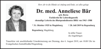 Traueranzeige von Dr. med. Anneliese Bär (geb. Borns)  von Magdeburger Volksstimme
