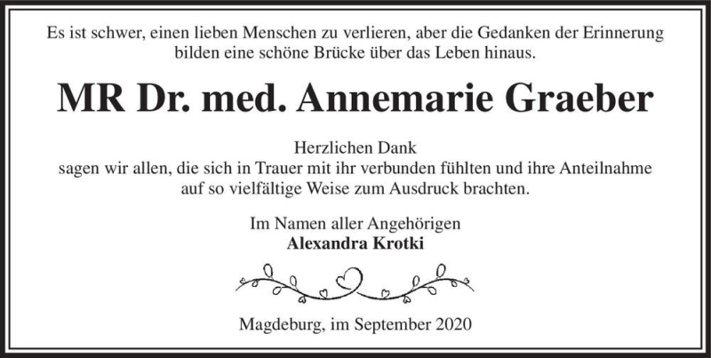  Traueranzeige für Dr. med. Annemarie Graeber  vom 10.10.2020 aus Magdeburger Volksstimme