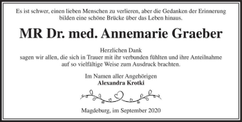 Traueranzeige von Dr. med. Annemarie Graeber  von Magdeburger Volksstimme