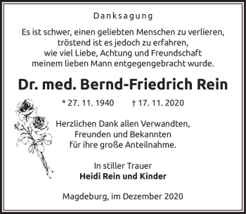 Traueranzeige von Dr. med. Bernd-Friedrich Rein  von Magdeburger Volksstimme
