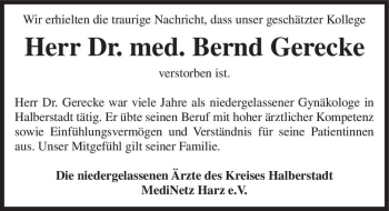 Traueranzeige von Dr. med. Bernd Gerecke  von Magdeburger Volksstimme
