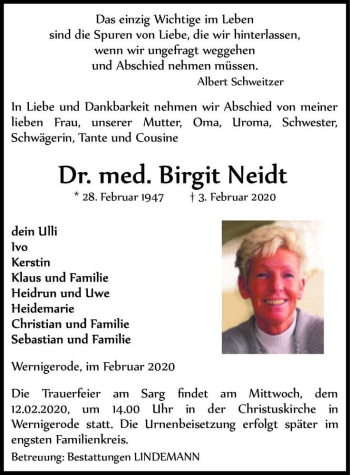 Traueranzeige von Dr. med. Birgit Neidt  von Magdeburger Volksstimme