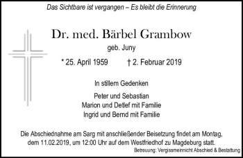 Traueranzeige von Dr. med. Bärbel Grambow (geb. Juny)  von Magdeburger Volksstimme