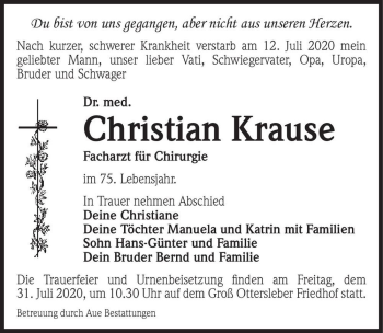 Traueranzeige von Dr. med. Christian Krause  von Magdeburger Volksstimme