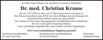 Traueranzeige von Dr. med. Christian Krause  von Magdeburger Volksstimme