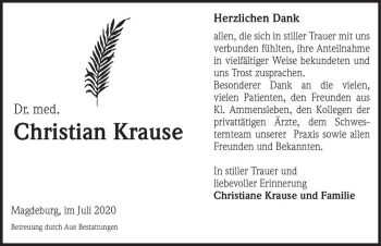 Traueranzeige von Dr. med. Christian Krause  von Magdeburger Volksstimme