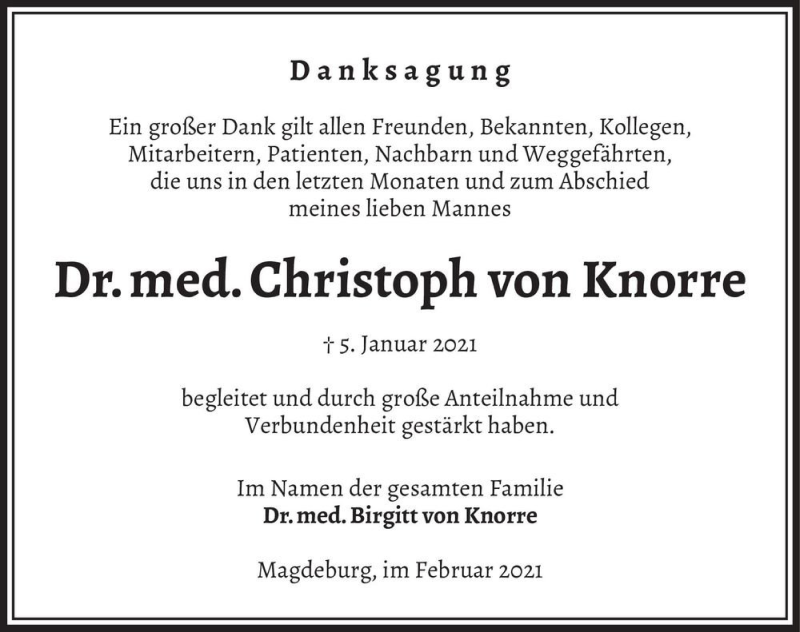  Traueranzeige für Dr. med. Christoph von Knorre  vom 13.02.2021 aus Magdeburger Volksstimme