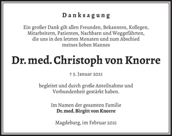Traueranzeige von Dr. med. Christoph von Knorre  von Magdeburger Volksstimme