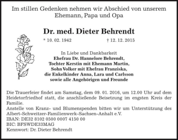 Traueranzeige von Dr. med. Dieter Behrendt  von Magdeburger Volksstimme