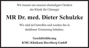 Traueranzeige von Dr. med. Dieter Schulzke  von Magdeburger Volksstimme