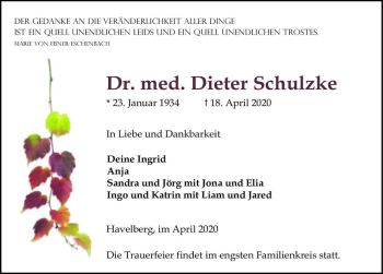 Traueranzeige von Dr. med. Dieter Schulzke  von Magdeburger Volksstimme