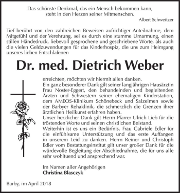 Traueranzeige von Dr. med. Dietrich Weber  von Magdeburger Volksstimme