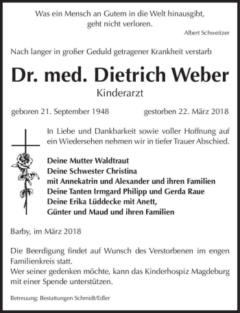 Traueranzeige von Dr. med. Dietrich Weber  von Magdeburger Volksstimme