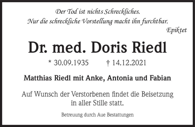  Traueranzeige für Dr. med. Doris Riedl  vom 18.12.2021 aus Magdeburger Volksstimme