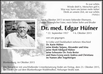 Traueranzeige von Dr. med. Edgar Hüfner  von Magdeburger Volksstimme